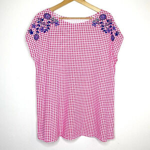 Woman Within Pink Gingham Blue Floral Embroidered Top Short Sleeve 14/16